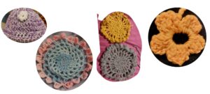 Collection of beginner crochet projects: beanie, flower, coasters